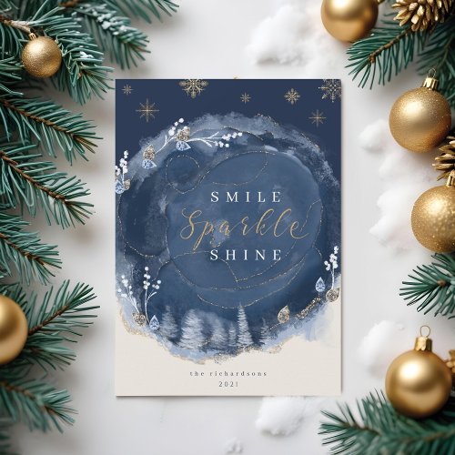 Navy Watercolor Ink  Jewels Winter Night Holiday Card