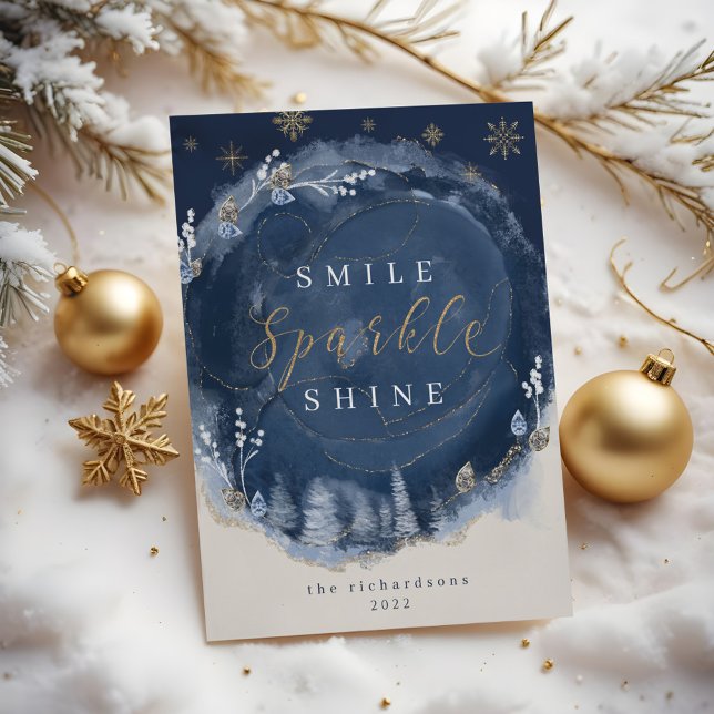 Navy Watercolor Ink & Jewels Winter Night Holiday Postcard (Navy Watercolor Ink & Jewels Winter NNavy Watercolor Ink & Jewels Winter Night Holidayight Holiday)