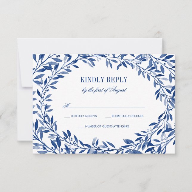 Navy Watercolor Laurel Wreath Wedding RSVP (Front)
