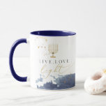 Navy Watercolor Menorah Live Love Light Hanukkah Mug<br><div class="desc">This Hanukkah ceramic mug features a navy blue watercolor smudge with golden foil specs, a gold watercolor menorah and the saying "Live, love, light" in honor of the festival of lights. This mug makes the perfect addition to your holiday decor or a great gift for hot cocoa and evenings in....</div>