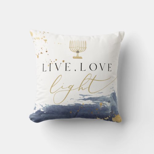 Navy Watercolor Menorah Live Love Light Hanukkah Throw Pillow