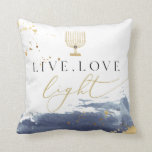 Navy Watercolor Menorah Live Love Light Hanukkah Throw Pillow<br><div class="desc">This Hanukkah throw pillow features a navy watercolor smudge,  golden foil splatters and a gold watercolor menorah. Edit the background to match your household decor and use for your festival of lights.</div>