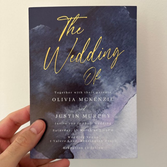 Navy Watercolor Modern Wedding Gold Foil Invitation (Creator Uploaded)