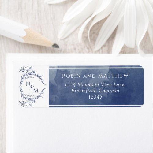 Navy Watercolor Monogram Wedding Return Address Label