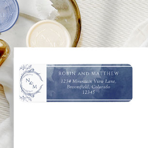 Navy Watercolor, Monogram Wedding Return Address Label