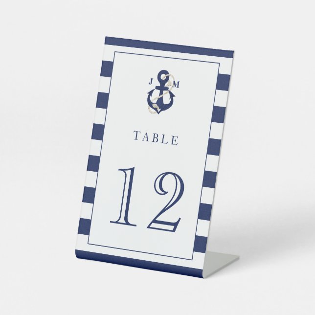 Navy Watercolor Nautical Anchor Monogram Wedding Pedestal Sign (Front)