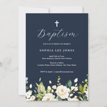 Navy Watercolor Neutral Florals Baptism  Invitation by LittleBayleigh at Zazzle