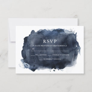 Navy Watercolor Paint Splash & White Wedding RSVP Card