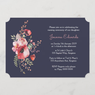 Navy Watercolor Poppies Naming Ceremony Invite