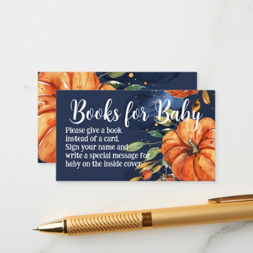 Navy Watercolor Pumpkin Books for Baby Shower Enclosure Card