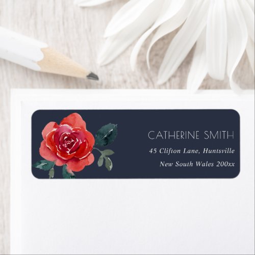 NAVY WATERCOLOR RED GREEN ROSE FLORAL ADDRESS LABEL