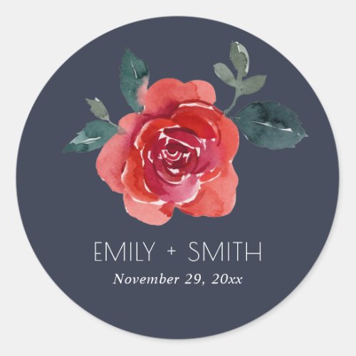 NAVY WATERCOLOR RED GREEN ROSE FLORAL WEDDING CLASSIC ROUND STICKER