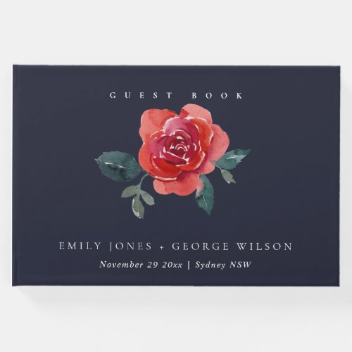 NAVY WATERCOLOR RED GREEN ROSE FLORAL WEDDING GUEST BOOK