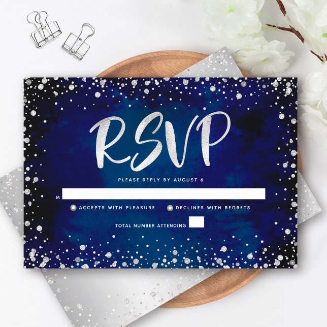 Navy Watercolor Silver Glitter Script Quinceañera RSVP Card (Creator Uploaded)