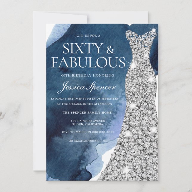 Navy Watercolor & Silver Gown 60th Birthday Party Invitation (Front)