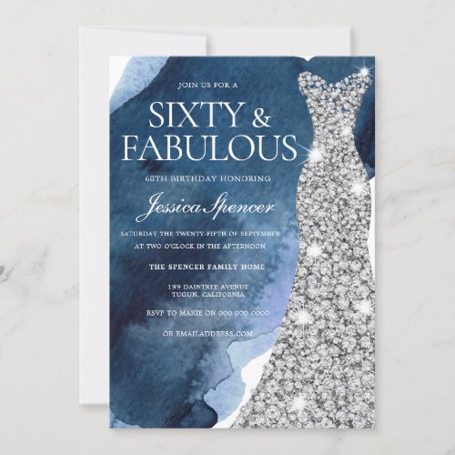 Navy Watercolor  Silver Gown 60th Birthday Party Invitation