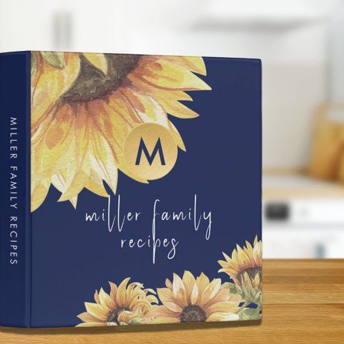 Navy Watercolor Sunflower Family Recipe 3 Ring Binder