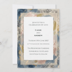 Navy Watercolor Vintage Etched Wedding Invitation