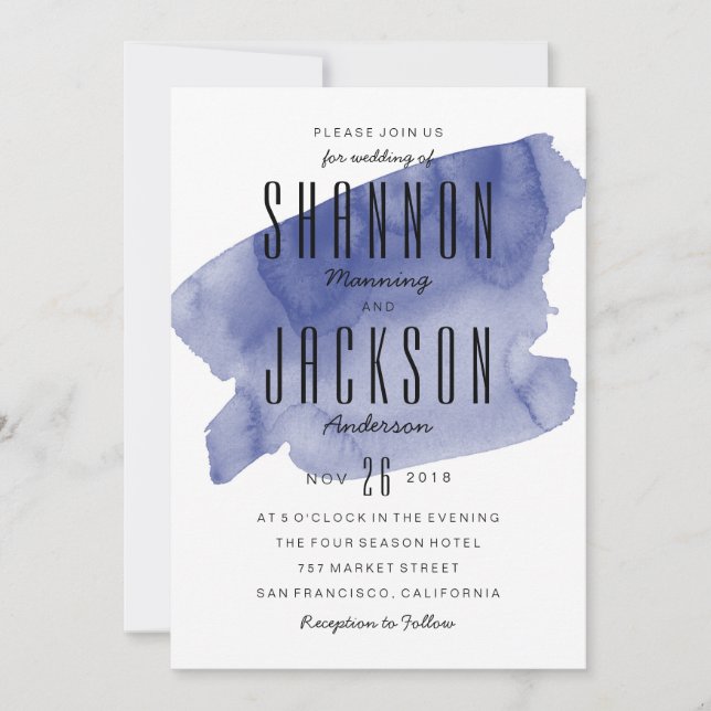Navy Watercolor Wash Wedding Invitation (Front)