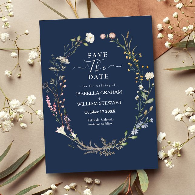 Navy Watercolor Wildflower Theme Save The Date Invitation (Creator Uploaded)