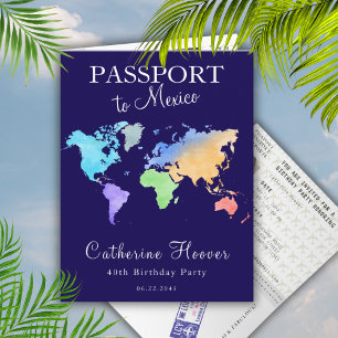 Navy Watercolor World Map Passport Birthday Party Invitation