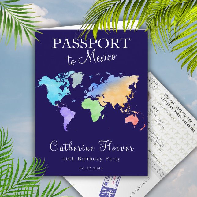 Navy Watercolor World Map Passport Birthday Party Invitation (Creator Uploaded)