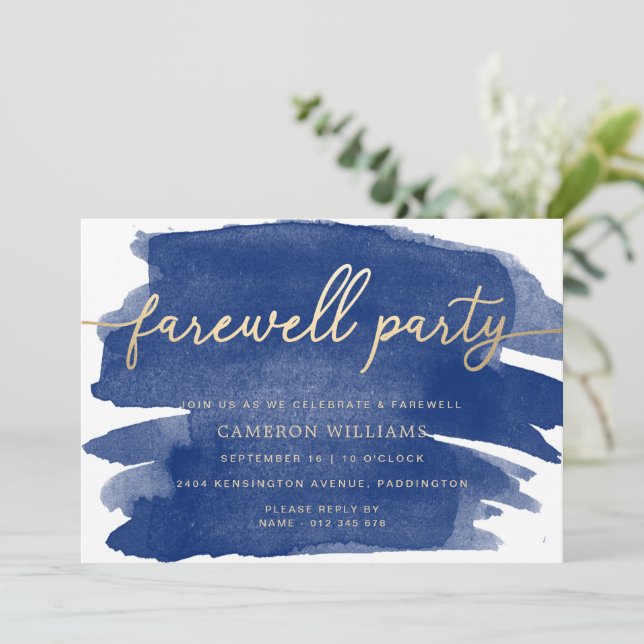 Navy Watercolour Gold Farewell Party Invitation (Standing Front)