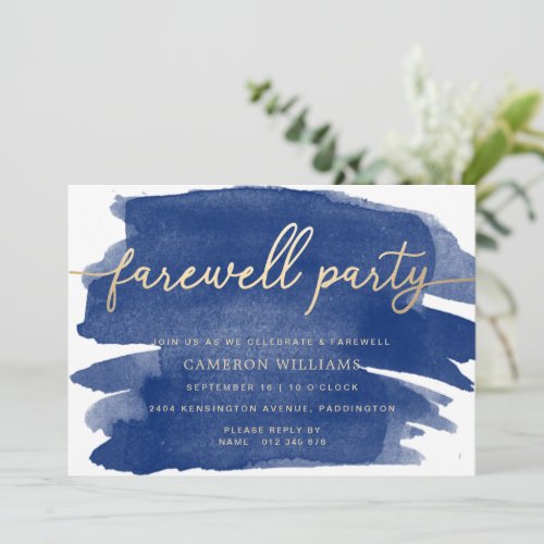Navy Watercolour Gold Farewell Party Invitation
