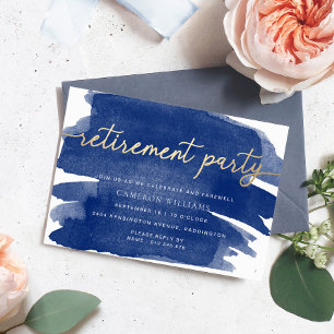 Navy Watercolour Gold Retirement Party Invitation