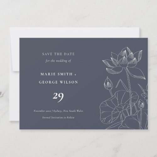 Navy Waterlily Floral Sketch Save The Date Card