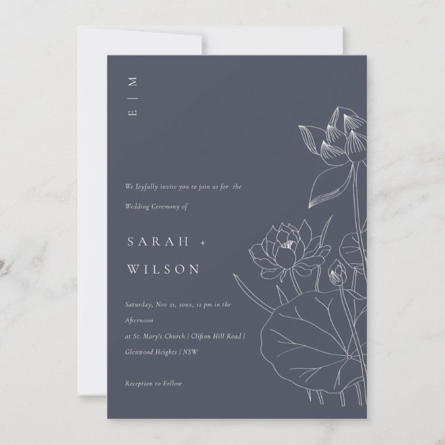 Navy Waterlily Floral Sketch Wedding Invite (Front)