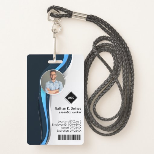 Navy Wave | Employee Photo ID Company Security Badge | Zazzle