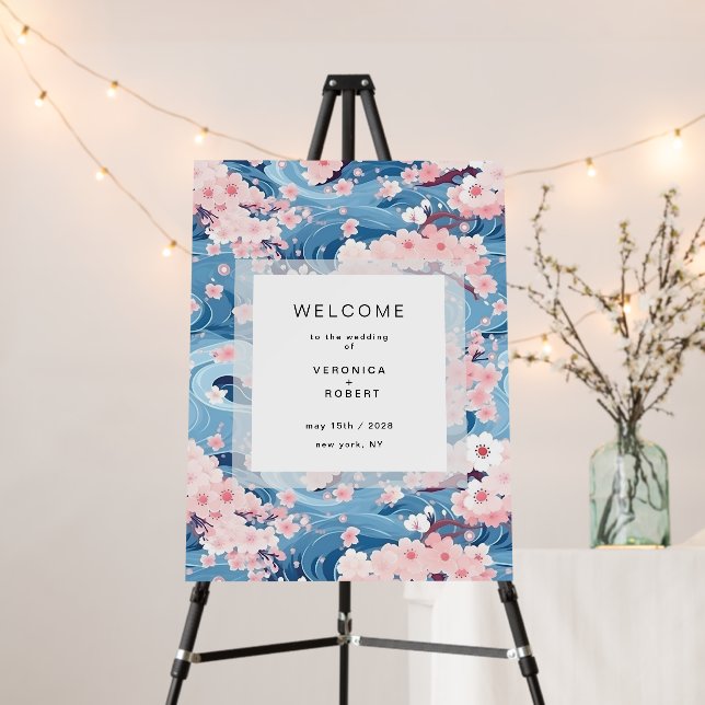 Navy Waves Sakura Blossom Modern Wedding Welcome Foam Board (In Situ (Stand))