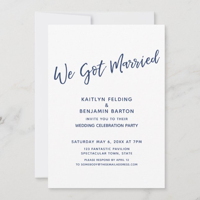 Navy We Got Married Casual Modern Reception-Only Invitation (Front)