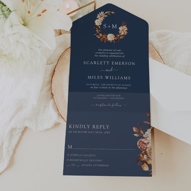 Navy Wedding All In One Invitation (Autumn Navy Blue Wedding All In One Invitation by Painted Paperie
)