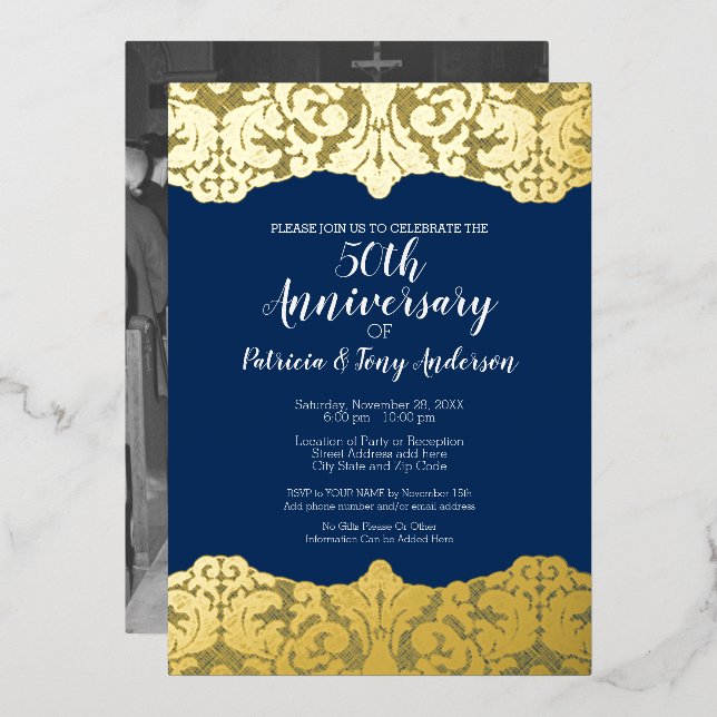 Navy Wedding Anniversary Photo and Gold Lace Foil Invitation (Front/Back)