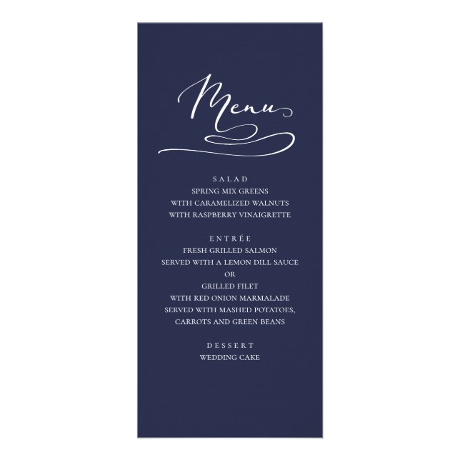 Navy wedding dinner menu. Modern simple blue Rack Card (Front)
