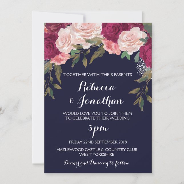 Navy wedding invitation burgundy pink floral (Front)