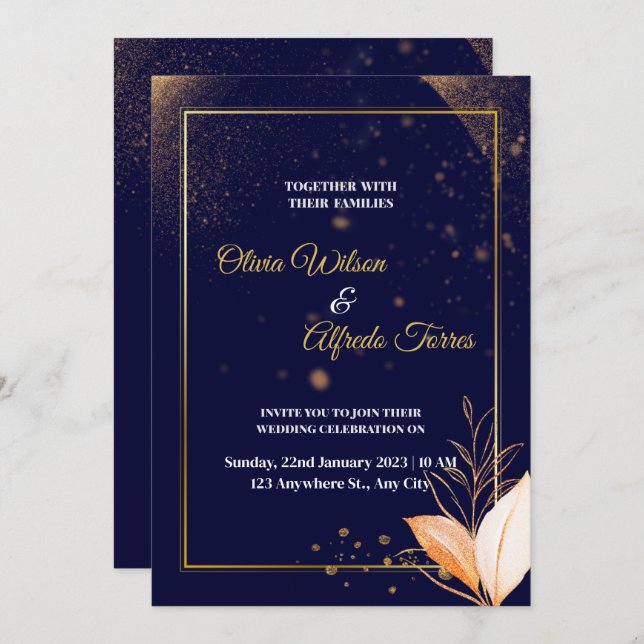 navy wedding invitation with gold colors (Front/Back)
