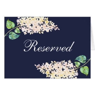 Navy wedding reserved sign. White lilac floral Cards