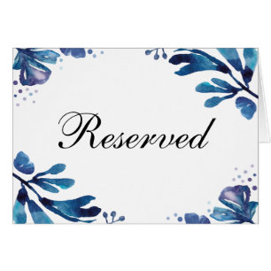 Navy wedding reserved sign. Winter blue leaves Cards