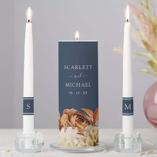 Navy Wedding Unity Candle Set (Navy Blue Floral Wedding Unity Candle Set by Painted Paperie
)