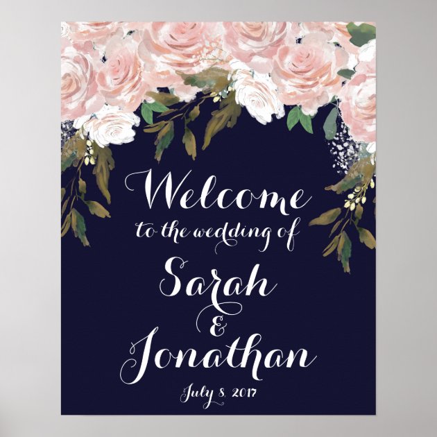 Navy Wedding Welcome Sign Pink Flowers Poster