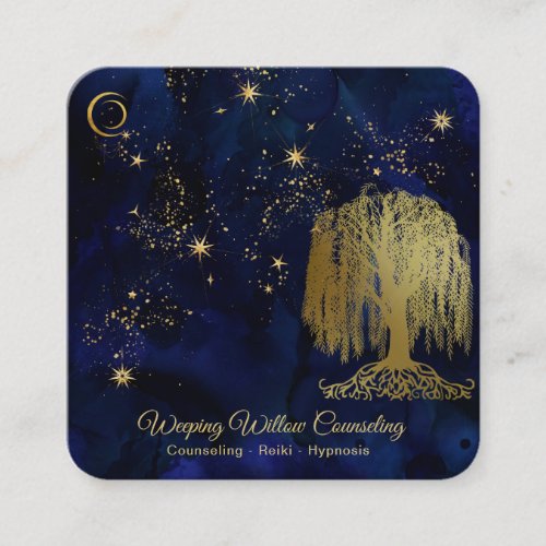  Navy Weeping Willow Tree Gold Universe Cosmic Square Business Card