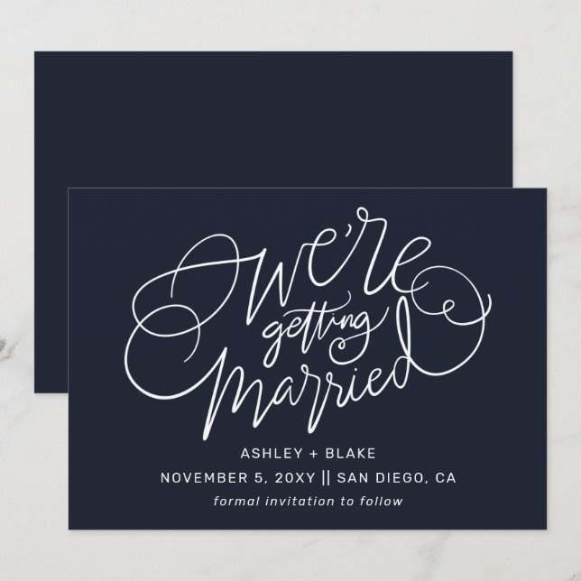 Navy We're getting married Simple Calligraphy Save The Date (Front/Back)