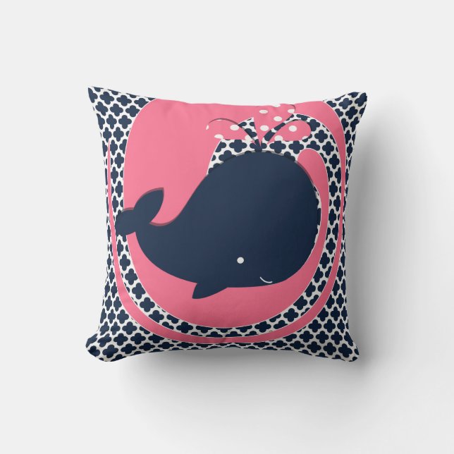 Navy Whale on Pink and Navy Throw Pillow (Front)