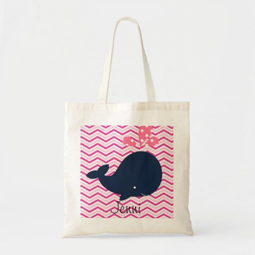 Navy Whale on Pink Chevron Stripes Custom Bag