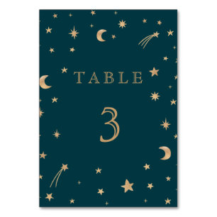 Navy Whimsical Gold Stars Moon Astronomy Wedding Table Number