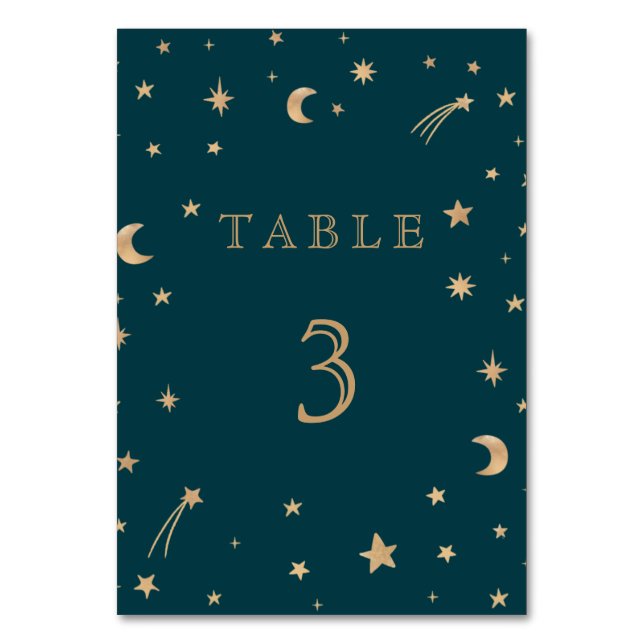 Navy Whimsical Gold Stars Moon Astronomy Wedding Table Number (Front)