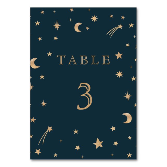 Navy Whimsical Gold Stars Moon Astronomy Wedding  Table Number (Front)